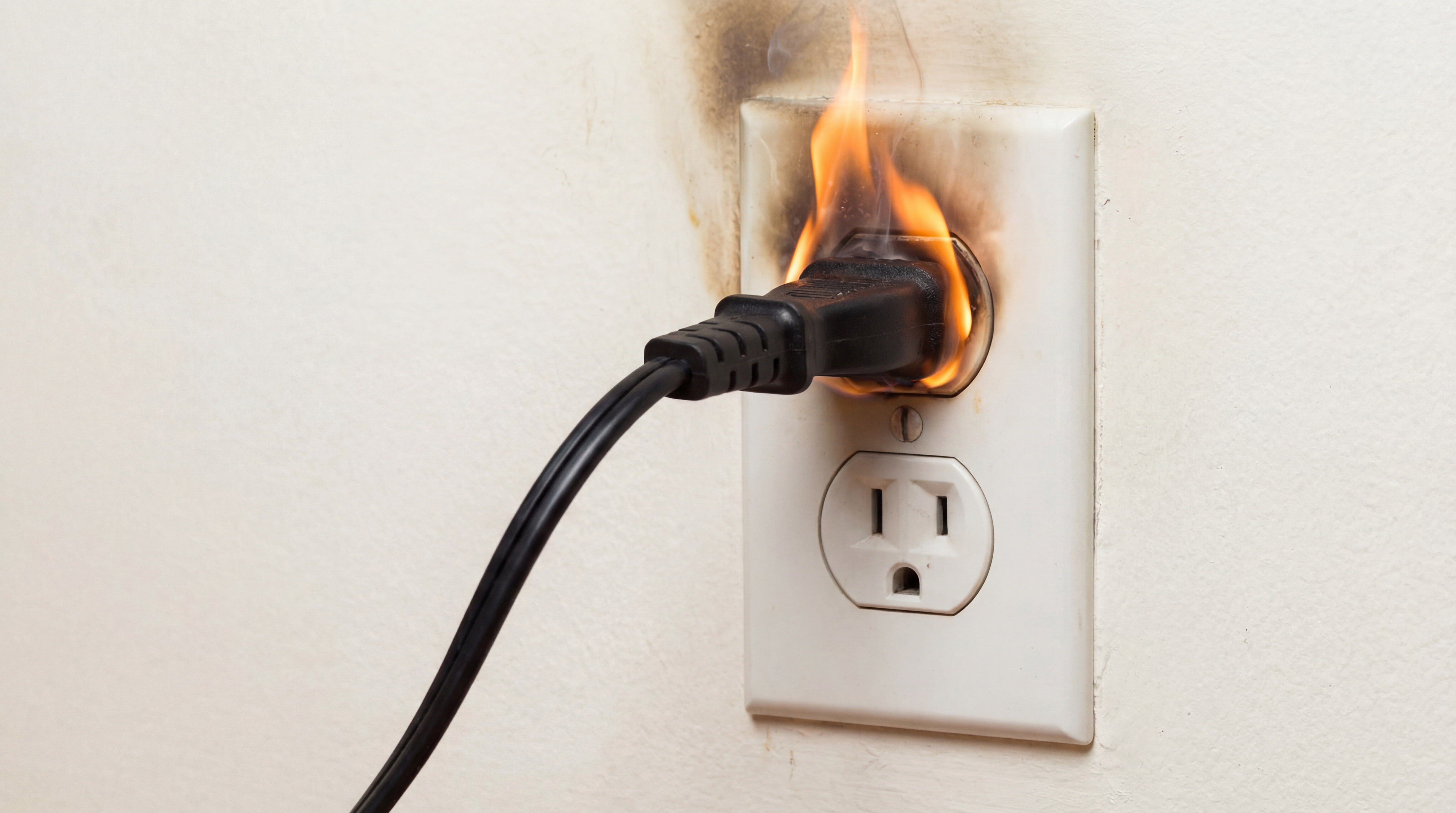 A serious electrical fire emanates from a wall outlet, with flames engulfing a plugged-in cord and burn marks on the wall. This illustrates a critical home electrical hazard.